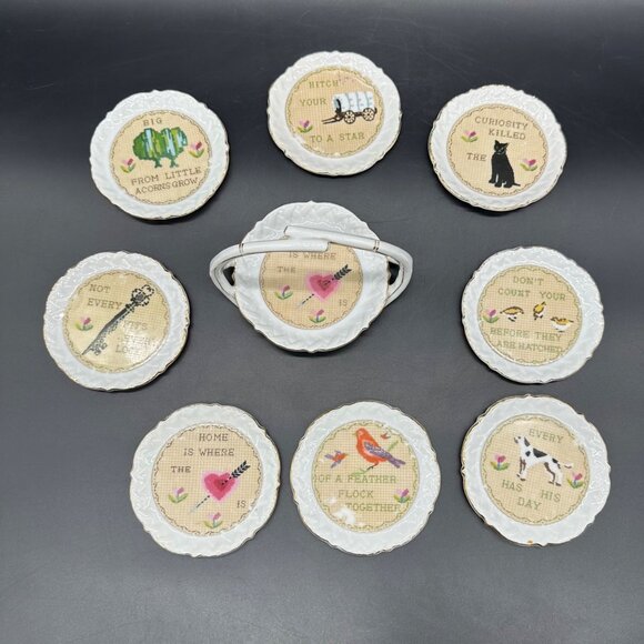Vintage Coaster Set Cross Stitch Look Kitschy Proverbs 50s Ardalt Japan Cottage - Picture 2 of 11